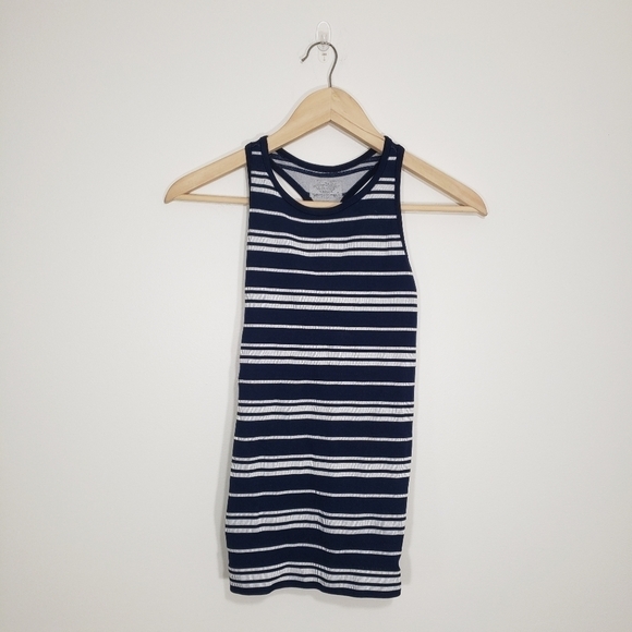 Athleta Navy Stripe Renew Racerback Tank Seamless Ribbed White - Picture 1 of 7